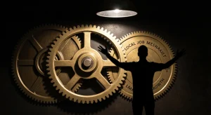 An intricate brass gear mechanism representing education, local job markets, and small business growth, dramatically lit with deep shadows.