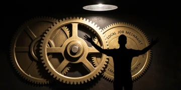 An intricate brass gear mechanism representing education, local job markets, and small business growth, dramatically lit with deep shadows.