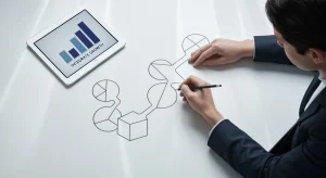A person sketching interconnected geometric shapes on a white table, symbolizing the ecosystem of education, jobs, and finance.