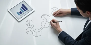 A person sketching interconnected geometric shapes on a white table, symbolizing the ecosystem of education, jobs, and finance.