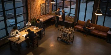 An evening scene in a bustling community hub, depicting students, local entrepreneurs, and individuals managing personal finances, illustrating the interconnectedness of education, jobs, and small business for holistic growth.