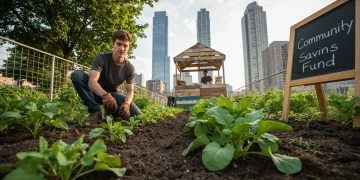 An urban community garden at golden hour, a young man tends to plants, a pop-up market stall, and a 'Community Savings Fund' sign, symbolizing integrated community growth and prosperity.