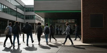 Students walking towards a modern university building in a city, symbolizing education funding fueling economic growth and workforce development.