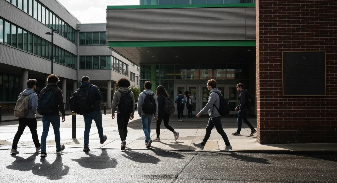 Students walking towards a modern university building in a city, symbolizing education funding fueling economic growth and workforce development.