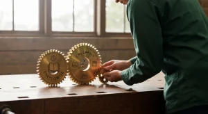 Integrated Strategies: Bridging Education Funding, Local Jobs, and Financial Health for Small Businesses A person in a green work shirt aligning three polished brass gears representing education, employment, and enterprise on a walnut workbench, symbolizing an interconnected economic ecosystem.