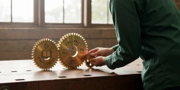 A person in a green work shirt aligning three polished brass gears representing education, employment, and enterprise on a walnut workbench, symbolizing an interconnected economic ecosystem.
