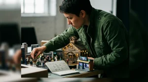 A person arranging a detailed diorama depicting interconnected miniature scenes of a school, urban job market, financial ledger, and small business storefront, illustrating emerging trends.