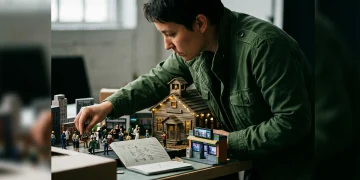 A person arranging a detailed diorama depicting interconnected miniature scenes of a school, urban job market, financial ledger, and small business storefront, illustrating emerging trends.
