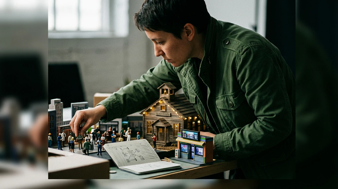 A person arranging a detailed diorama depicting interconnected miniature scenes of a school, urban job market, financial ledger, and small business storefront, illustrating emerging trends.