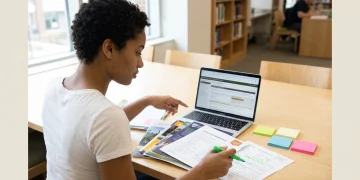 A young woman, a first-generation college student, sifts through education funding applications and scholarship brochures at a bright library table, symbolizing the information crisis in financial aid access.