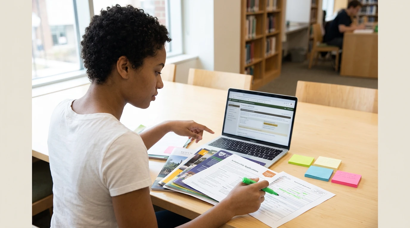 A young woman, a first-generation college student, sifts through education funding applications and scholarship brochures at a bright library table, symbolizing the information crisis in financial aid access.
