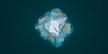 Aerial view of an iceberg representing education costs, with a tuition statement on the visible tip and hidden expenses like lab fees and textbooks submerged below the surface.