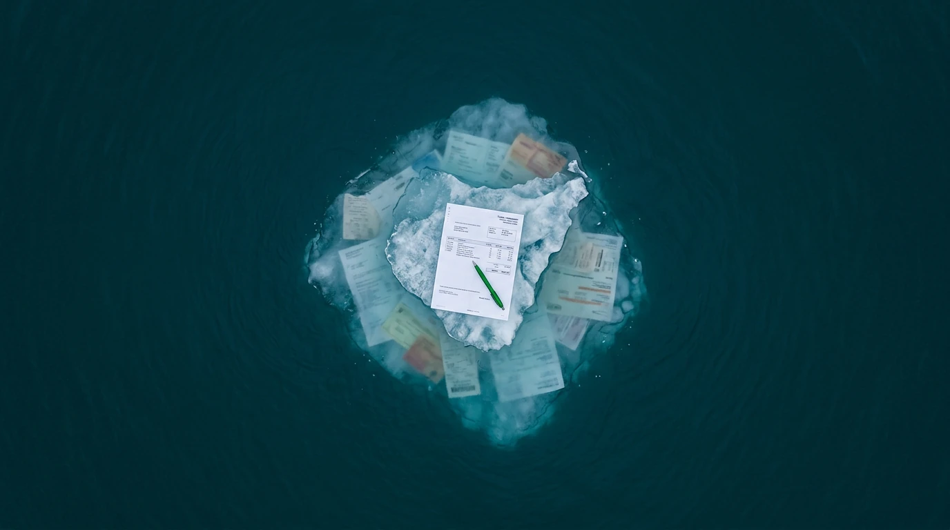 Aerial view of an iceberg representing education costs, with a tuition statement on the visible tip and hidden expenses like lab fees and textbooks submerged below the surface.