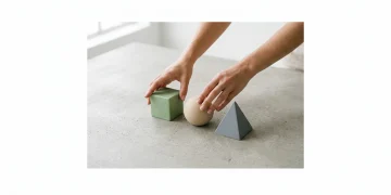 Hands arranging abstract geometric shapes in green, grey, and beige, symbolizing the strategic balance of education funding from grants, loans, and scholarships.