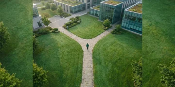 Aerial view of a person walking on a geometric path through a green campus, symbolizing education funding leading to opportunity and growth.