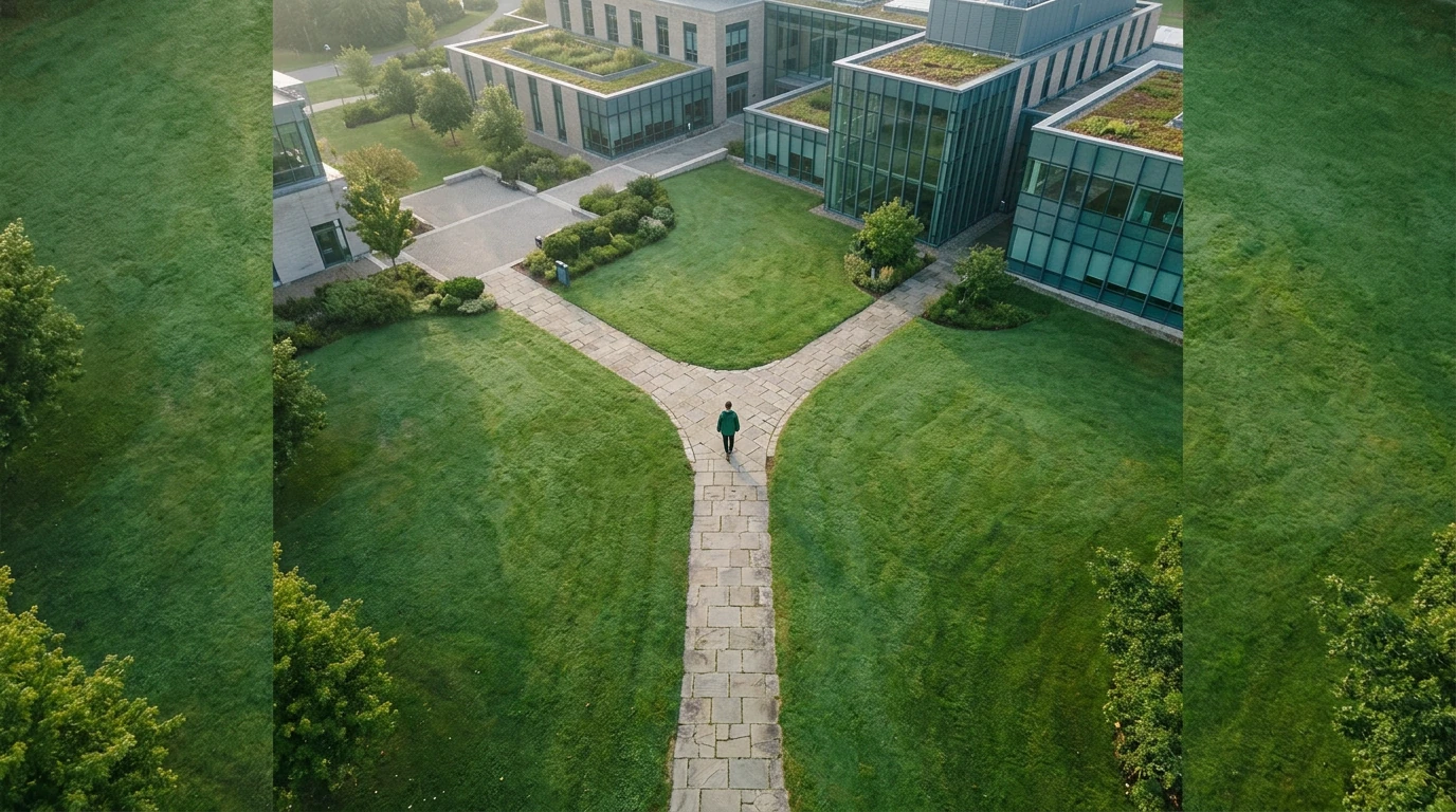 Aerial view of a person walking on a geometric path through a green campus, symbolizing education funding leading to opportunity and growth.