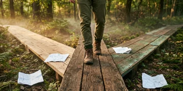 A person navigating three diverging and converging weathered wooden pathways, symbolizing the shifting landscape of education funding and job markets.