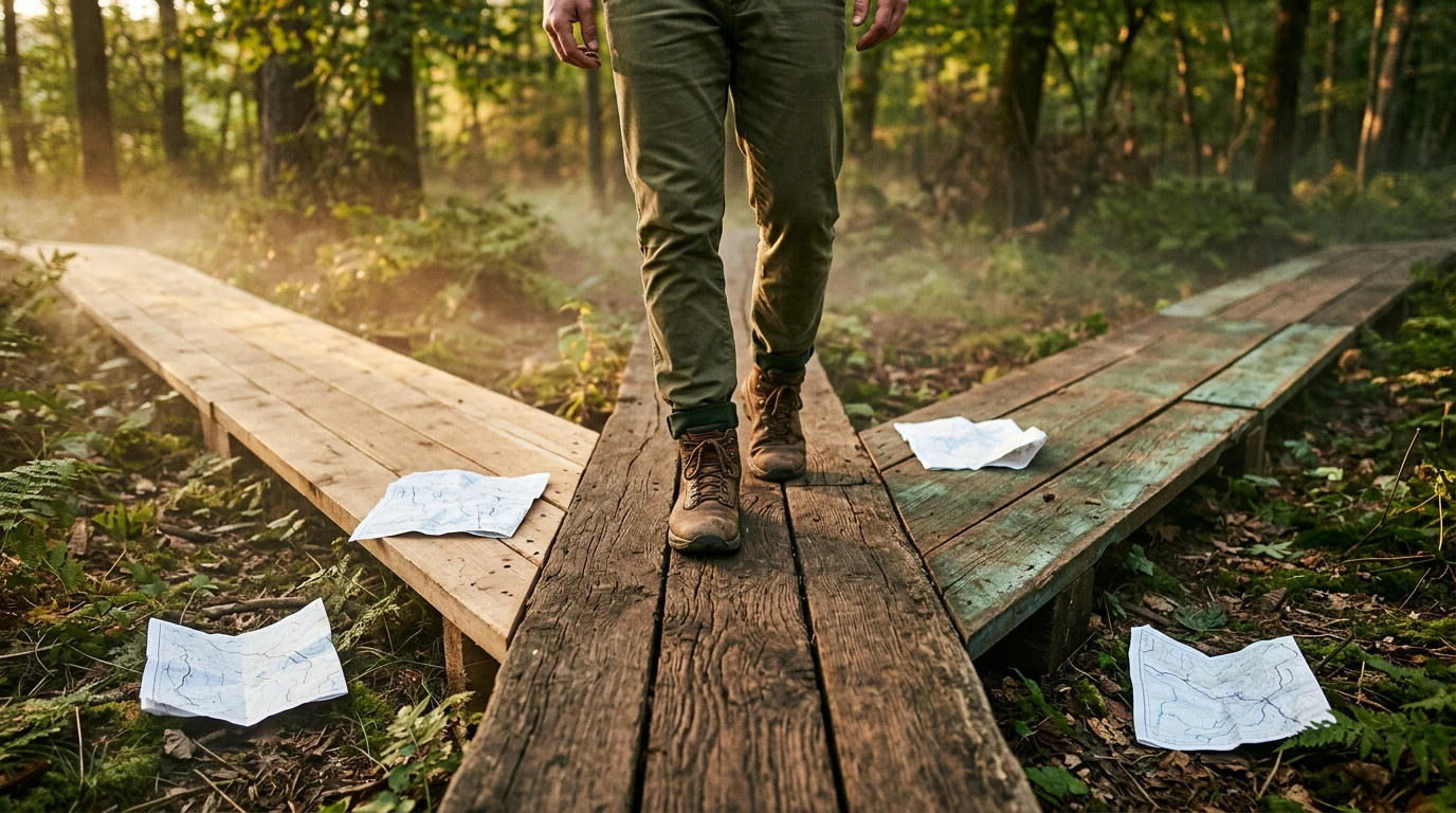 A person navigating three diverging and converging weathered wooden pathways, symbolizing the shifting landscape of education funding and job markets.