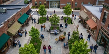 Bird's-eye view of a bustling urban plaza with diverse people, small businesses, and a vocational school, illustrating the interconnectedness of education funding and local economies.