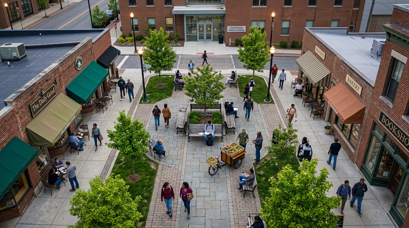 Bird's-eye view of a bustling urban plaza with diverse people, small businesses, and a vocational school, illustrating the interconnectedness of education funding and local economies.