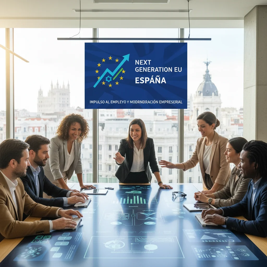 Equipo de profesionales colaborando en oficina moderna, simbolizando el impacto de los fondos en empleo e innovación.