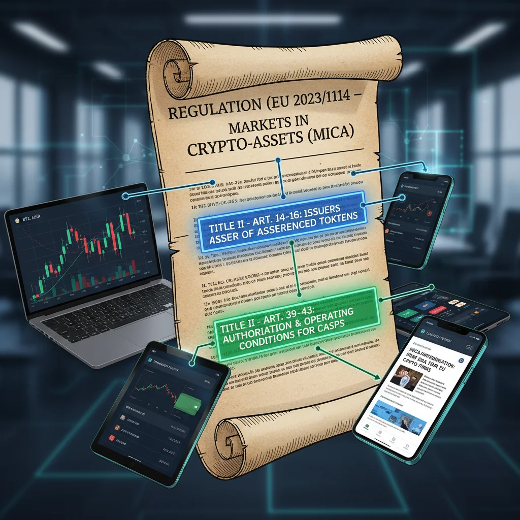 Documento legal MiCA y dispositivos digitales mostrando transacciones de criptomonedas.