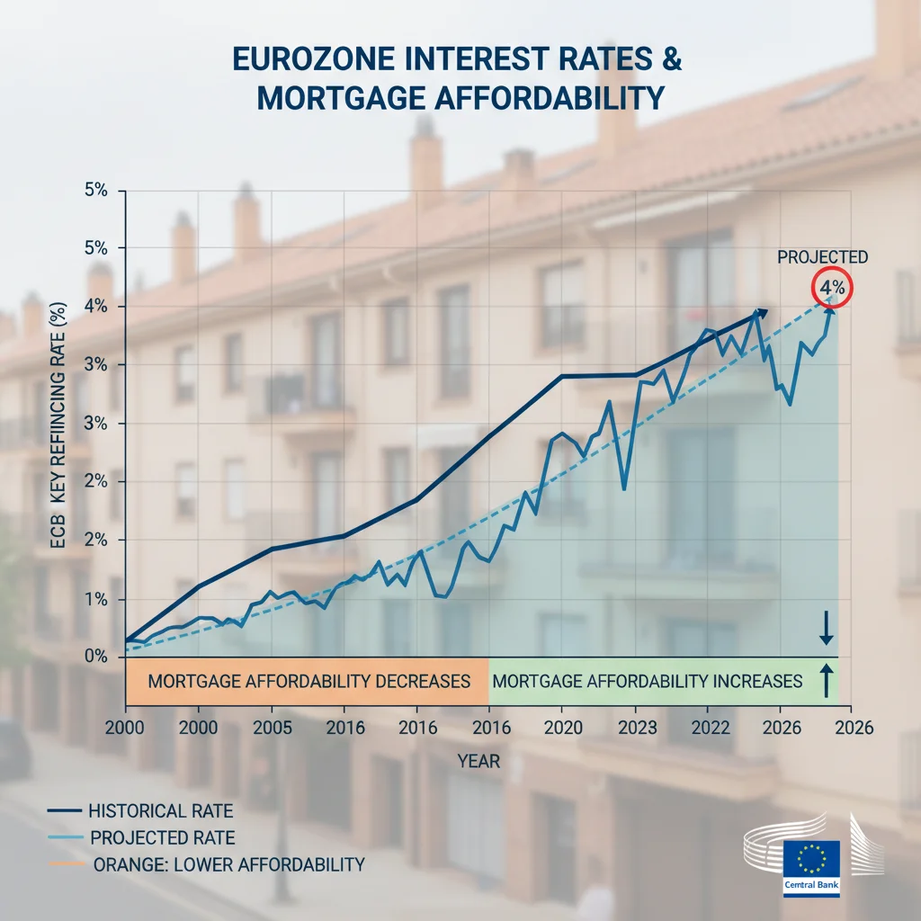 Gráfico de la evolución de los tipos de interés en la Eurozona y su impacto en el mercado hipotecario español.
