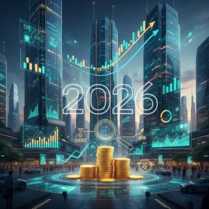 Gráfico financiero con lupa y monedas, simbolizando el Impuesto a las Grandes Fortunas 2026 y la planificación de inversiones.