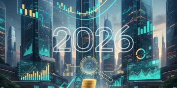Gráfico financiero con lupa y monedas, simbolizando el Impuesto a las Grandes Fortunas 2026 y la planificación de inversiones.