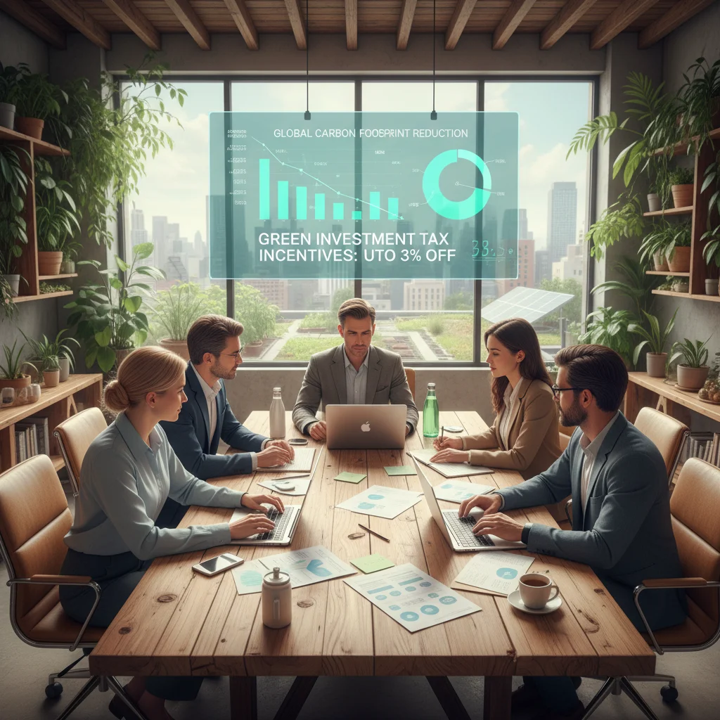 Profesionales analizando incentivos fiscales para inversiones verdes y reducción de huella de carbono.