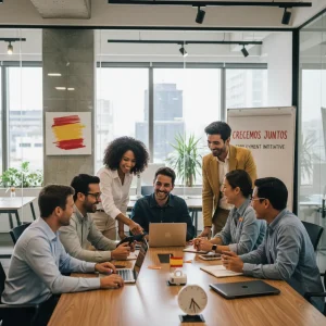 Ayudas Contratación Colectivos Vulnerables 2026: Incentivos hasta 6.000€ en España Grupo diverso de profesionales colaborando en oficina, simbolizando inclusión laboral y apoyo estatal.