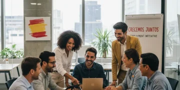Grupo diverso de profesionales colaborando en oficina, simbolizando inclusión laboral y apoyo estatal.