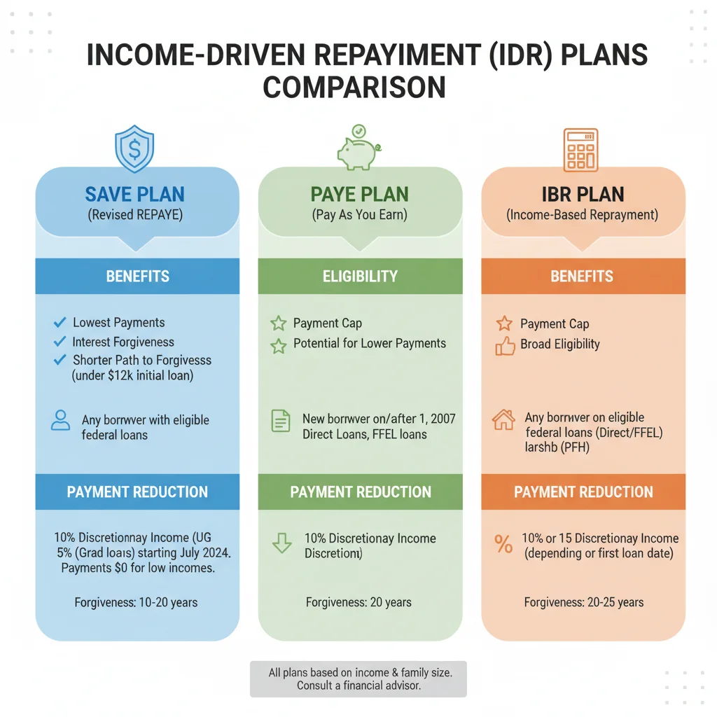 Infographic comparing various Income-Driven Repayment (IDR) plans for student loans