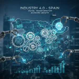 Mapa estilizado de España con elementos de Industria 4.0: engranajes, flujos de datos, robots y símbolos de IA, representando la transformación digital.