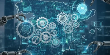 Mapa estilizado de España con elementos de Industria 4.0: engranajes, flujos de datos, robots y símbolos de IA, representando la transformación digital.