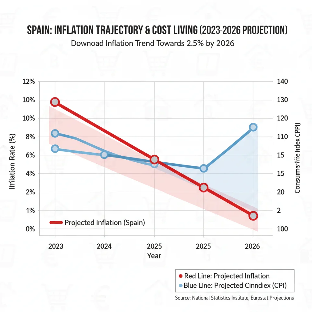 Gráfico de la evolución proyectada de la inflación en España hasta 2026.