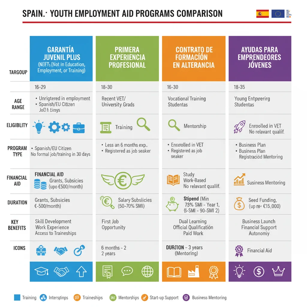 Infografía comparativa de las ayudas y subvenciones para la contratación de jóvenes en España.