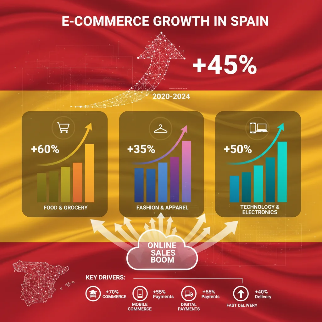 Infografía detallada sobre el crecimiento del comercio electrónico en España, mostrando estadísticas y categorías de productos.