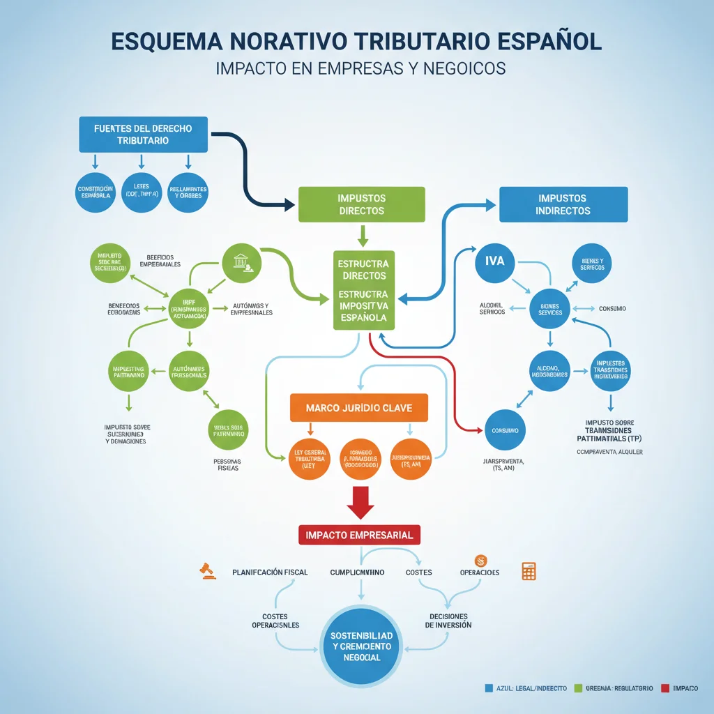 Infografía detallada mostrando la estructura de los impuestos corporativos y los marcos legales en España, con énfasis en las regulaciones fiscales para grandes empresas.