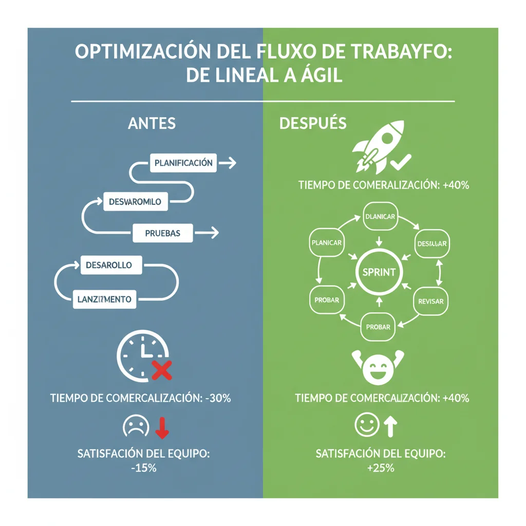 Infografía comparativa de flujos de trabajo tradicional vs. ágil, mostrando mejoras en eficiencia y satisfacción del equipo.