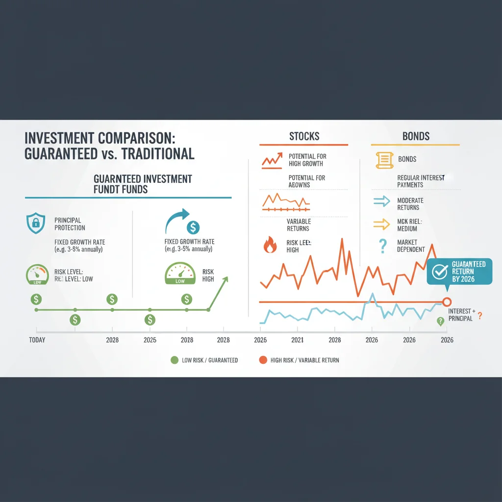 Infografía comparativa de fondos garantizados versus otras inversiones, mostrando riesgo y rentabilidad.