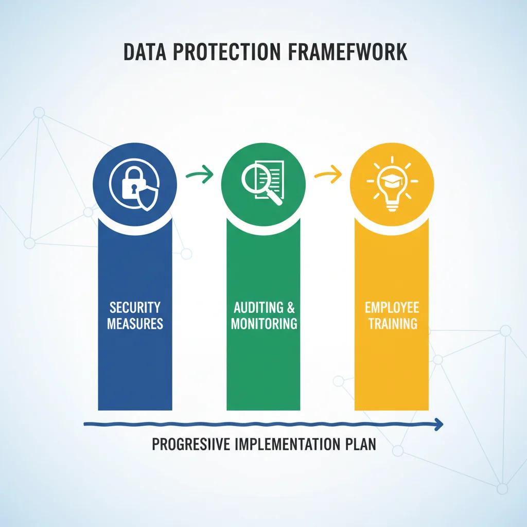 Infografía de tres pasos clave: seguridad, auditoría y formación, para implementar medidas urgentes de protección de datos.