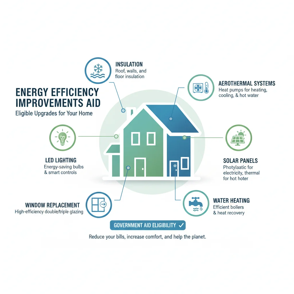 Infografía detallada de mejoras de eficiencia energética elegibles para ayudas: aislamiento, ventanas, aerotermia