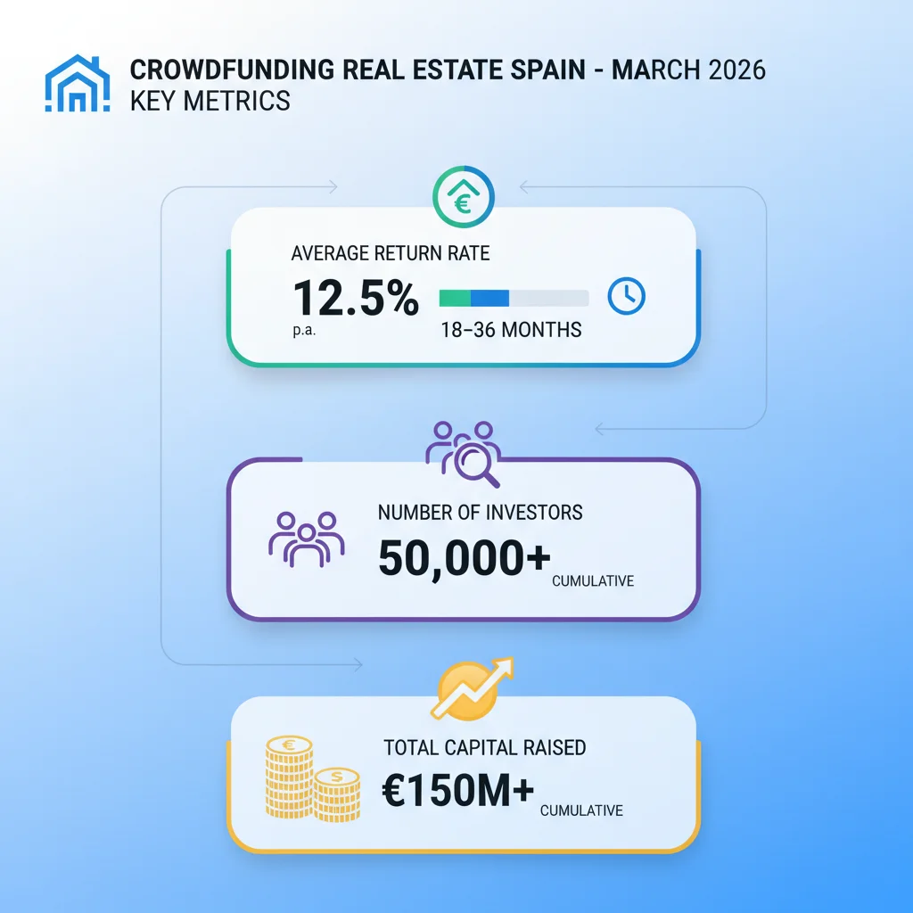 Infografía detallada con métricas clave del crowdfunding inmobiliario en España: rentabilidad, duración de proyectos y capital, marzo 2026.