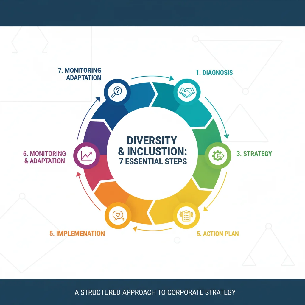 Infografía de 7 pasos esenciales para estrategia de diversidad e inclusión empresarial.