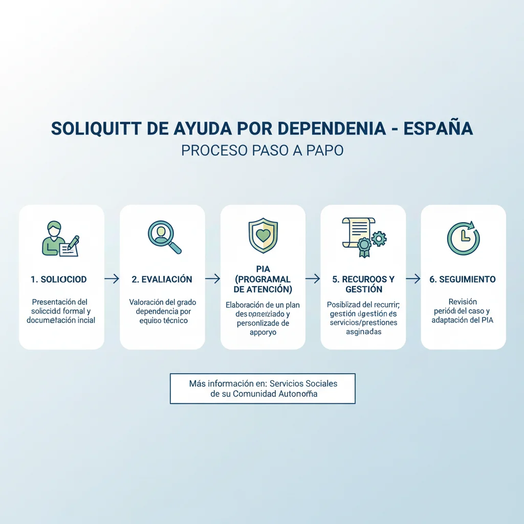 Infografía detallada del proceso de solicitud de ayudas para la dependencia en España.