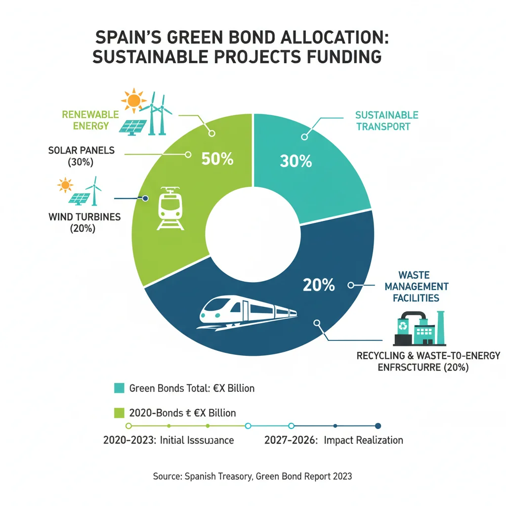 Infografía detallada sobre la asignación de fondos de bonos verdes en proyectos sostenibles en España, incluyendo energía renovable y transporte.