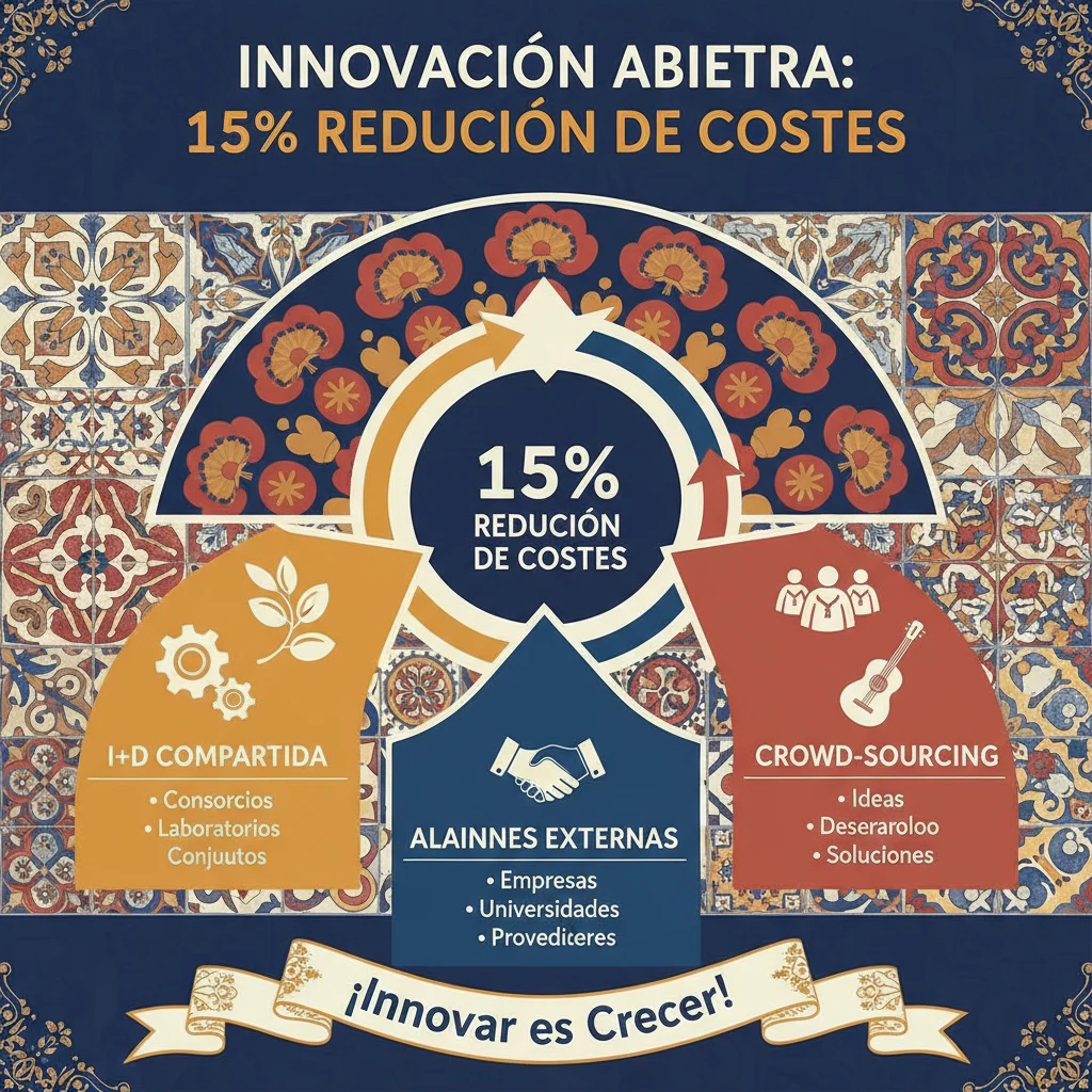 Infografía detallando la reducción del 15% en costos por innovación abierta.