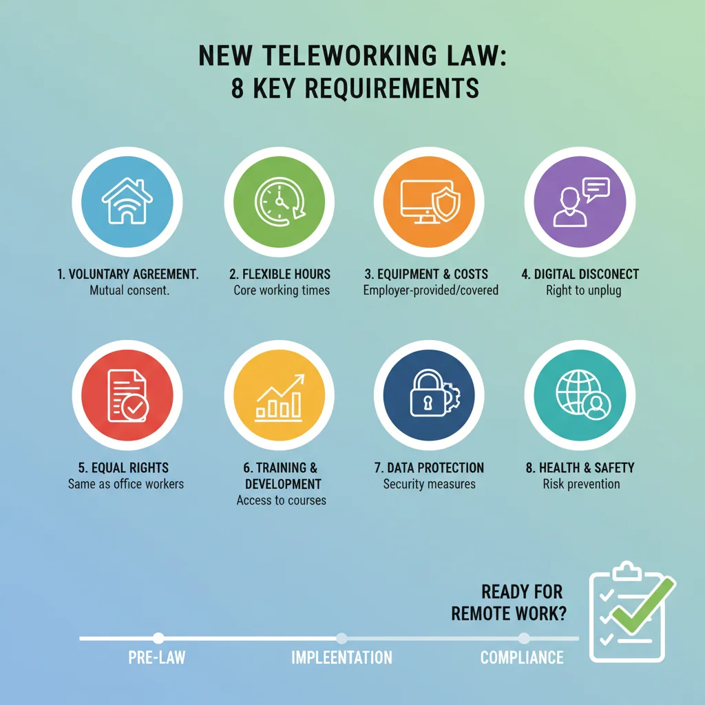 Infografía con los 8 requisitos clave de la nueva Ley de Teletrabajo.