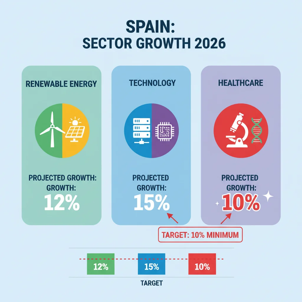 Infografía de sectores temáticos en España con potencial de crecimiento para 2026.